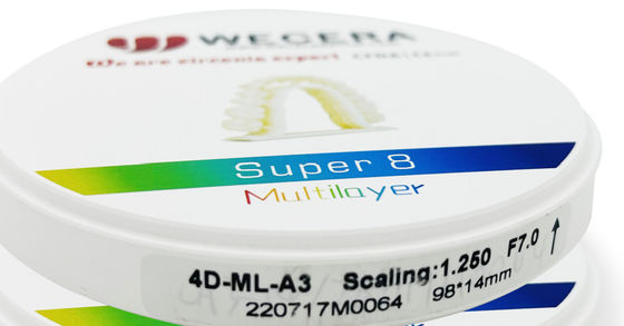 Bloque de zirconia dental de 98 mm de diámetro que aplica el programa de sinterización a 1500 grados, perfecto para laboratorios dentales que se enfocan en la calidad y la consistencia.